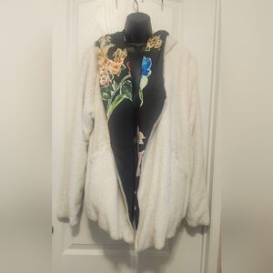 Johnny Was Cream Teddy Jacket with Black Floral-Lined Hood Reversible Size XL